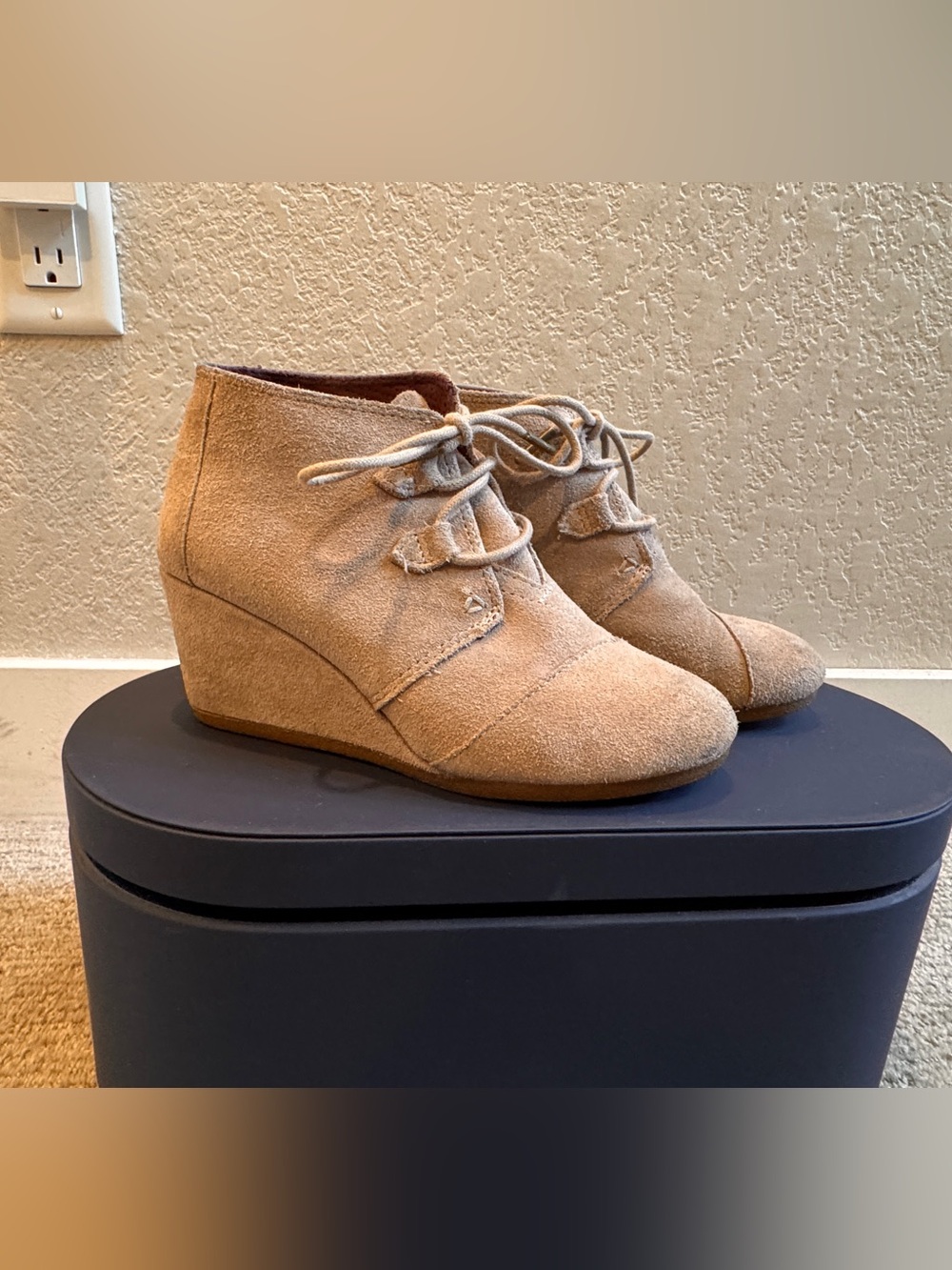 Toms Tan Suede Lace-Up Wedge Booties